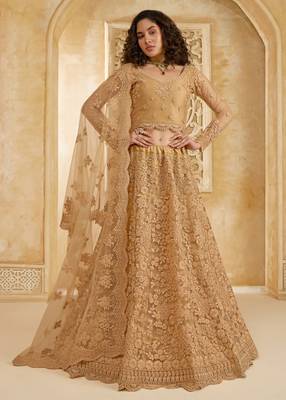 Spellbinding Golden Cording & Thread Embroidered With Stone Work Net With Silk Inner Lehenga Choli For Wedding 1