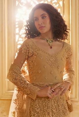 Spellbinding Golden Cording & Thread Embroidered With Stone Work Net With Silk Inner Lehenga Choli For Wedding 2