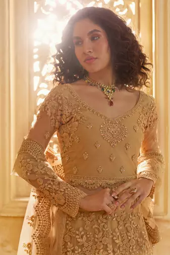 Spellbinding Golden Cording & Thread Embroidered With Stone Work Net With Silk Inner Lehenga Choli For Wedding
