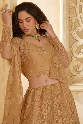 Spellbinding Golden Cording & Thread Embroidered With Stone Work Net With Silk Inner Lehenga Choli For Wedding