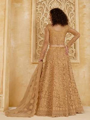Spellbinding Golden Cording & Thread Embroidered With Stone Work Net With Silk Inner Lehenga Choli For Wedding 4