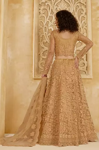 Spellbinding Golden Cording & Thread Embroidered With Stone Work Net With Silk Inner Lehenga Choli For Wedding
