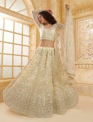 Off-White Cording & Thread Embroidered With Stone Work Net With Silk Inner Lehenga Choli For Bride 1