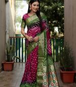 Purple Bandhej Silk Saree,Minakari Weaving Butta Saree