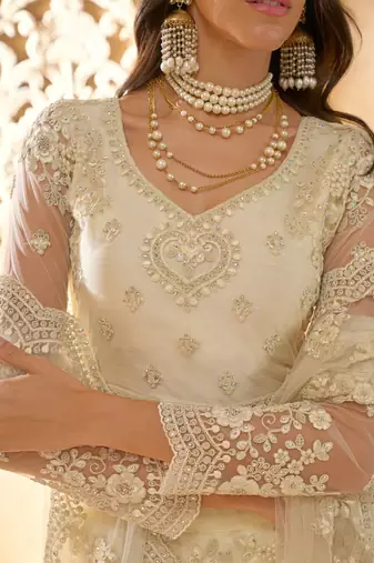 Off-White Cording & Thread Embroidered With Stone Work Net With Silk Inner Lehenga Choli For Bride
