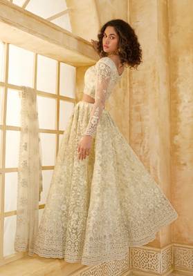 Off-White Cording & Thread Embroidered With Stone Work Net With Silk Inner Lehenga Choli For Bride 3