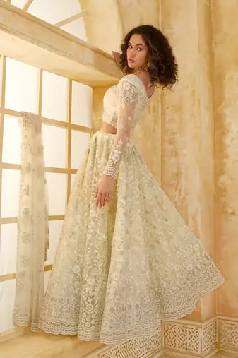Off-White Cording & Thread Embroidered With Stone Work Net With Silk Inner Lehenga Choli For Bride