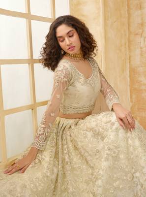 Off-White Cording & Thread Embroidered With Stone Work Net With Silk Inner Lehenga Choli For Bride 4