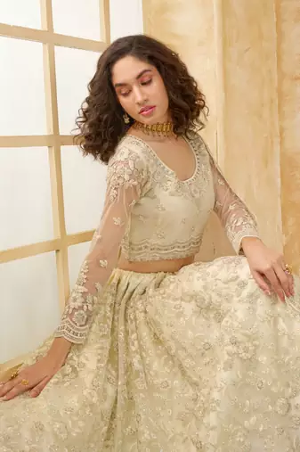 Off-White Cording & Thread Embroidered With Stone Work Net With Silk Inner Lehenga Choli For Bride