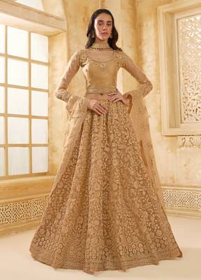 Spellbinding Golden Cording & Thread Embroidered With Stone Work Net With Silk Inner Lehenga Choli For Wedding 1