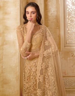Spellbinding Golden Cording & Thread Embroidered With Stone Work Net With Silk Inner Lehenga Choli For Wedding 2