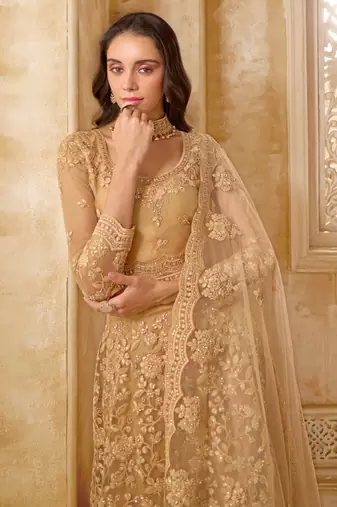 Spellbinding Golden Cording & Thread Embroidered With Stone Work Net With Silk Inner Lehenga Choli For Wedding