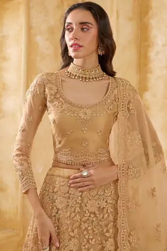 Spellbinding Golden Cording & Thread Embroidered With Stone Work Net With Silk Inner Lehenga Choli For Wedding