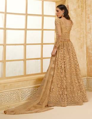 Spellbinding Golden Cording & Thread Embroidered With Stone Work Net With Silk Inner Lehenga Choli For Wedding 4