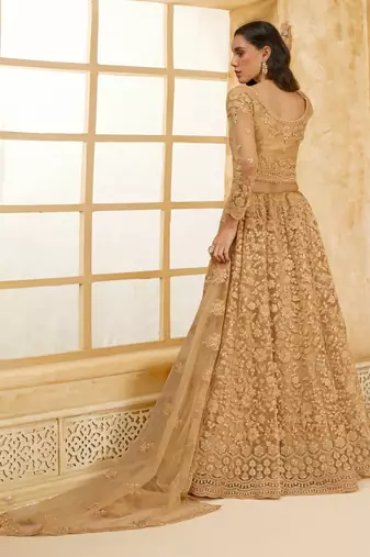 Spellbinding Golden Cording & Thread Embroidered With Stone Work Net With Silk Inner Lehenga Choli For Wedding