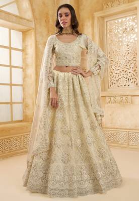 Off-White Cording & Thread Embroidered With Stone Work Net With Silk Inner Lehenga Choli For Bride 1