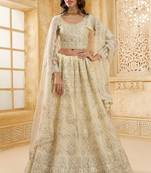 Off-White Cording & Thread Embroidered With Stone Work Net With Silk Inner Lehenga Choli For Bride