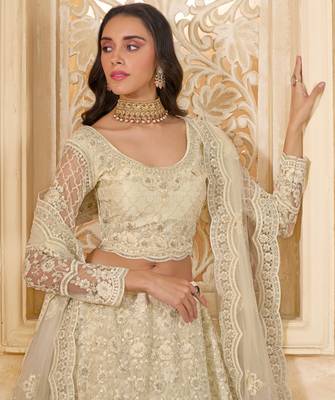 Off-White Cording & Thread Embroidered With Stone Work Net With Silk Inner Lehenga Choli For Bride 2