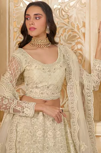 Off-White Cording & Thread Embroidered With Stone Work Net With Silk Inner Lehenga Choli For Bride