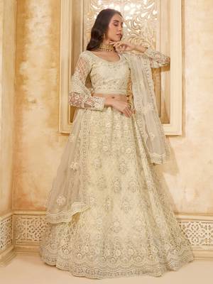 Off-White Cording & Thread Embroidered With Stone Work Net With Silk Inner Lehenga Choli For Bride 3