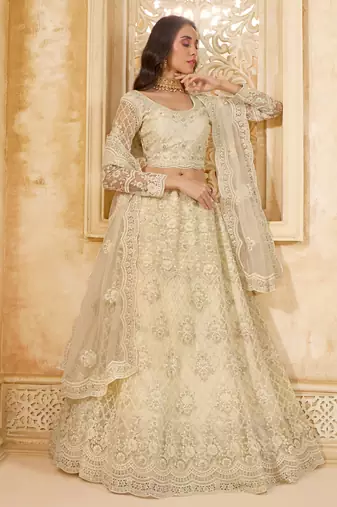 Off-White Cording & Thread Embroidered With Stone Work Net With Silk Inner Lehenga Choli For Bride