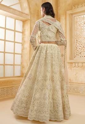 Off-White Cording & Thread Embroidered With Stone Work Net With Silk Inner Lehenga Choli For Bride 4