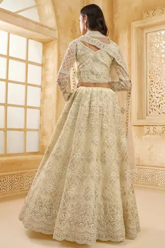 Off-White Cording & Thread Embroidered With Stone Work Net With Silk Inner Lehenga Choli For Bride