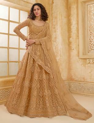 Spellbinding Golden Cording & Thread Embroidered With Stone Work Net With Silk Inner Lehenga Choli For Wedding 1