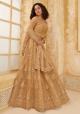 Spellbinding Golden Cording & Thread Embroidered With Stone Work Net With Silk Inner Lehenga Choli For Wedding 3