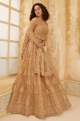 Spellbinding Golden Cording & Thread Embroidered With Stone Work Net With Silk Inner Lehenga Choli For Wedding
