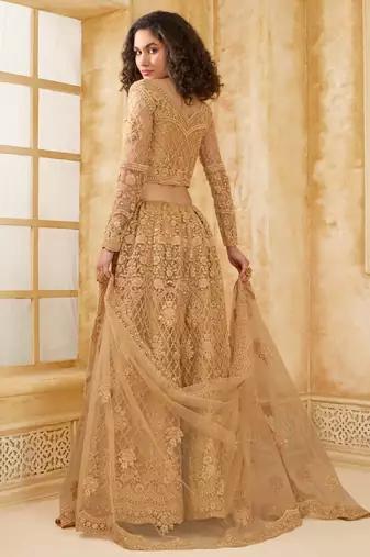 Spellbinding Golden Cording & Thread Embroidered With Stone Work Net With Silk Inner Lehenga Choli For Wedding