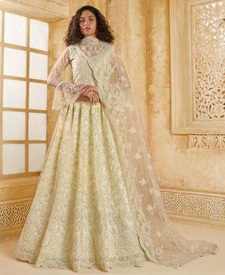 Off-White Cording & Thread Embroidered With Stone Work Net With Silk Inner Lehenga Choli For Bride 1
