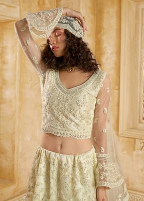 Off-White Cording & Thread Embroidered With Stone Work Net With Silk Inner Lehenga Choli For Bride 2