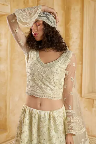 Off-White Cording & Thread Embroidered With Stone Work Net With Silk Inner Lehenga Choli For Bride