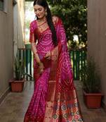 Pink Bandhej Silk Saree,Minakari Weaving Butta Saree