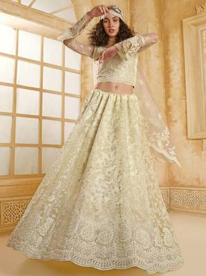 Off-White Cording & Thread Embroidered With Stone Work Net With Silk Inner Lehenga Choli For Bride 3