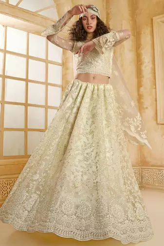 Off-White Cording & Thread Embroidered With Stone Work Net With Silk Inner Lehenga Choli For Bride