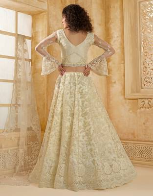 Off-White Cording & Thread Embroidered With Stone Work Net With Silk Inner Lehenga Choli For Bride 4