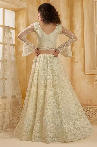 Off-White Cording & Thread Embroidered With Stone Work Net With Silk Inner Lehenga Choli For Bride