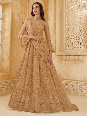 Spellbinding Golden Cording & Thread Embroidered With Stone Work Net With Silk Inner Lehenga Choli For Wedding 1