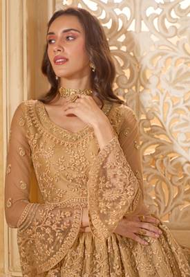 Spellbinding Golden Cording & Thread Embroidered With Stone Work Net With Silk Inner Lehenga Choli For Wedding 2