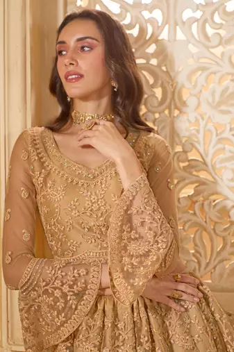 Spellbinding Golden Cording & Thread Embroidered With Stone Work Net With Silk Inner Lehenga Choli For Wedding