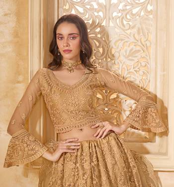 Spellbinding Golden Cording & Thread Embroidered With Stone Work Net With Silk Inner Lehenga Choli For Wedding 3