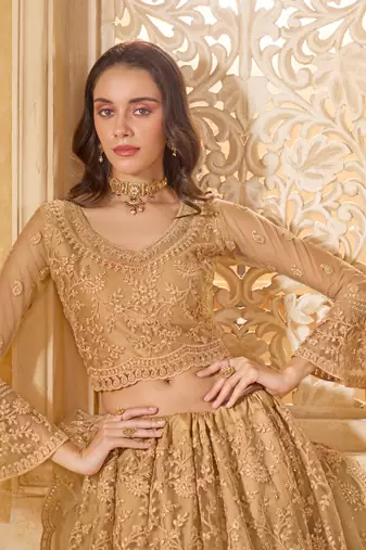 Spellbinding Golden Cording & Thread Embroidered With Stone Work Net With Silk Inner Lehenga Choli For Wedding