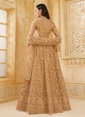 Spellbinding Golden Cording & Thread Embroidered With Stone Work Net With Silk Inner Lehenga Choli For Wedding 4