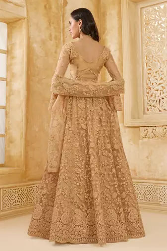 Spellbinding Golden Cording & Thread Embroidered With Stone Work Net With Silk Inner Lehenga Choli For Wedding