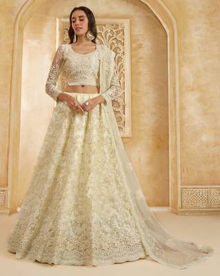 Off-White Cording & Thread Embroidered With Stone Work Net With Silk Inner Lehenga Choli For Bride 1