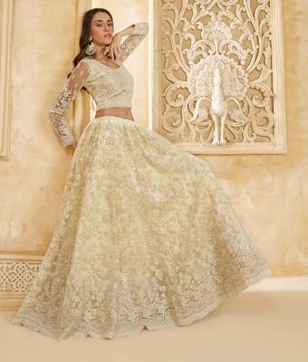 Off-White Cording & Thread Embroidered With Stone Work Net With Silk Inner Lehenga Choli For Bride 2