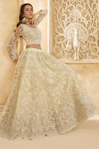 Off-White Cording & Thread Embroidered With Stone Work Net With Silk Inner Lehenga Choli For Bride
