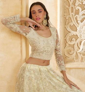 Off-White Cording & Thread Embroidered With Stone Work Net With Silk Inner Lehenga Choli For Bride 3